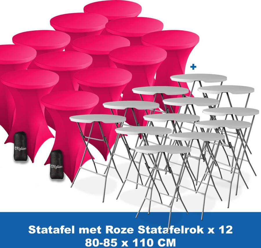 Kylians Statafel x 12 + Statafelrok Roze x 12 ∅ 80-85 x 110 cm – Statafels Inklapbaar – Robuust + Weerbestendige Cocktailtafel + Stretch Hoes Tafelrok – Makkelijk op te bergen Inklapbare Partytafel – Evenement en Feest Tafel