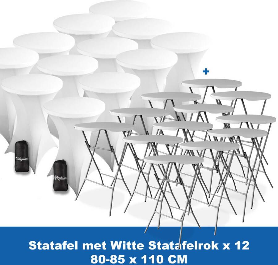 Kylians Statafel x 12 + Statafelrok Wit x 12 ∅ 80-85 x 110 cm – Statafels Inklapbaar – Robuust + Weerbestendige Cocktailtafel + Stretch Hoes Tafelrok – Makkelijk op te bergen Inklapbare Partytafel – Evenement en Feest Tafel