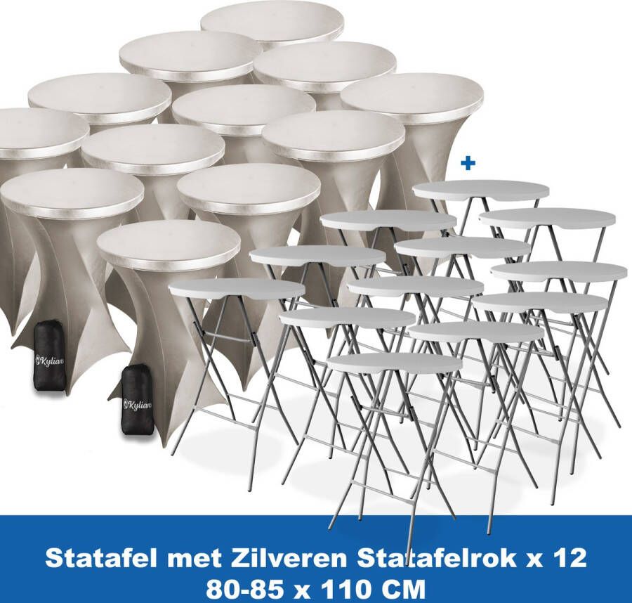 Kylians Statafel x 12 + Statafelrok Zilver x 12 ∅ 80-85 x 110 cm – Statafels Inklapbaar – Robuust + Weerbestendige Cocktailtafel + Stretch Hoes Tafelrok – Makkelijk op te bergen Inklapbare Partytafel – Evenement en Feest Tafel
