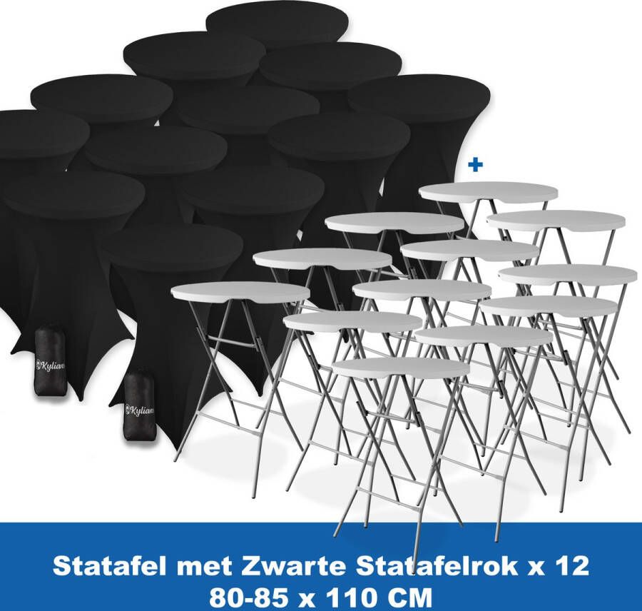 Kylians Statafel x 12 + Statafelrok Zwart x 12 ∅ 80-85 x 110 cm – Statafels Inklapbaar – Robuust + Weerbestendige Cocktailtafel + Stretch Hoes Tafelrok – Makkelijk op te bergen Inklapbare Partytafel – Evenement en Feest Tafel