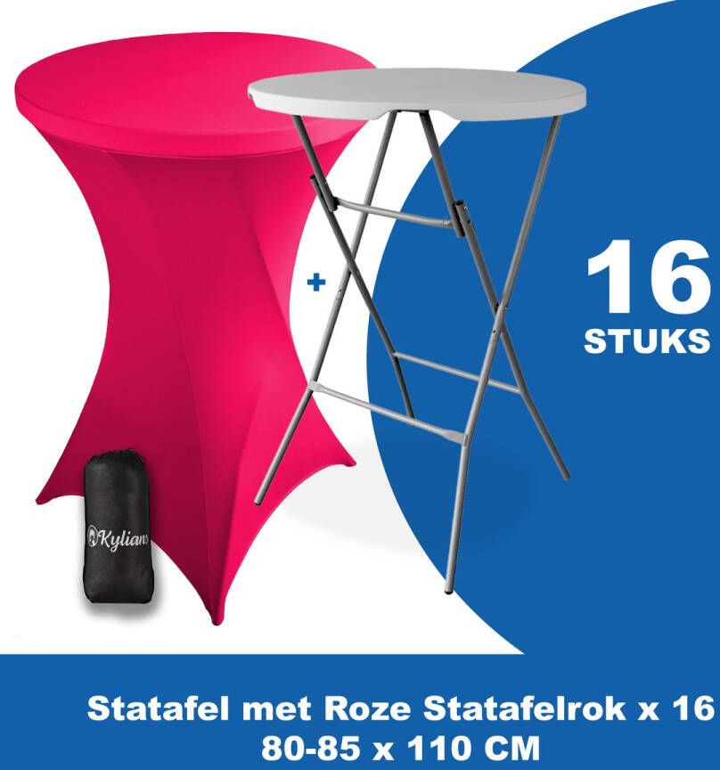 Kylians Statafel x 16 + Statafelrok Roze x 16 ∅ 80-85 x 110 cm – Statafels Inklapbaar – Robuust + Weerbestendige Cocktailtafel + Stretch Hoes Tafelrok – Makkelijk op te bergen Inklapbare Partytafel – Evenement en Feest Tafel