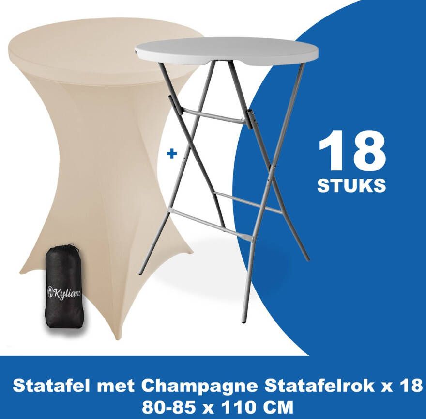 Kylians Statafel x 18 + Statafelrok Champagne x 18 ∅ 80-85 x 110 cm – Statafels Inklapbaar – Robuust + Weerbestendige Cocktailtafel + Stretch Hoes Tafelrok – Makkelijk op te bergen Inklapbare Partytafel – Evenement en Feest Tafel