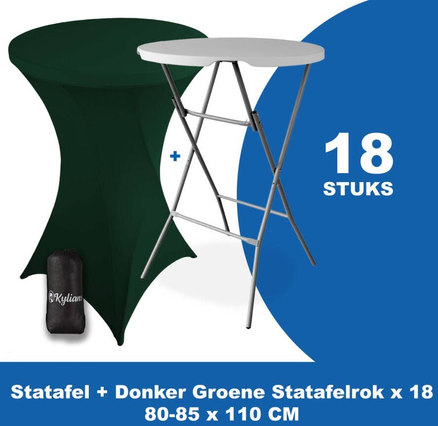 Kylians Statafel x 18 + Statafelrok Donker Groen x 18 ∅ 80-85 x 110 cm – Statafels Inklapbaar – Robuust + Weerbestendige Cocktailtafel + Stretch Hoes Tafelrok – Makkelijk op te bergen Inklapbare Partytafel – Evenement en Feest Tafel