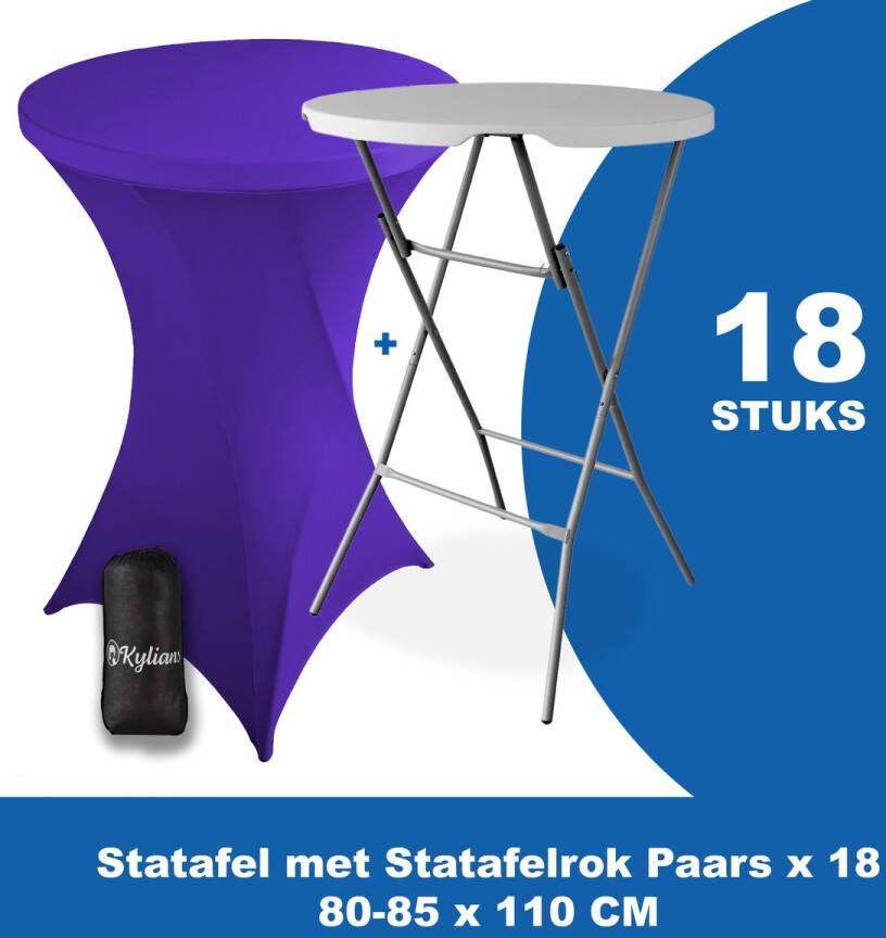 Kylians Statafel x 18 + Statafelrok Paars x 18 ∅ 80-85 x 110 cm – Statafels Inklapbaar – Robuust + Weerbestendige Cocktailtafel + Stretch Hoes Tafelrok – Makkelijk op te bergen Inklapbare Partytafel – Evenement en Feest Tafel