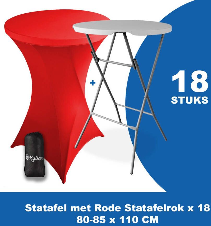 Kylians Statafel x 18 + Statafelrok Rood x 18 ∅ 80-85 x 110 cm – Statafels Inklapbaar – Robuust + Weerbestendige Cocktailtafel + Stretch Hoes Tafelrok – Makkelijk op te bergen Inklapbare Partytafel – Evenement en Feest Tafel