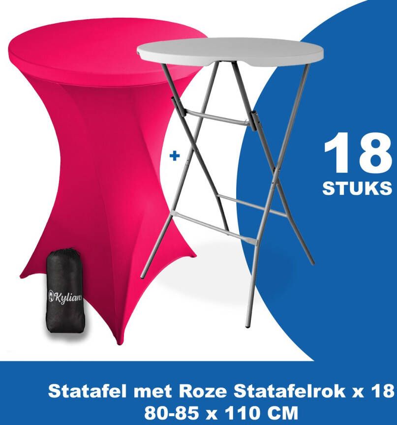 Kylians Statafel x 18 + Statafelrok Roze x 18 ∅ 80-85 x 110 cm – Statafels Inklapbaar – Robuust + Weerbestendige Cocktailtafel + Stretch Hoes Tafelrok – Makkelijk op te bergen Inklapbare Partytafel – Evenement en Feest Tafel