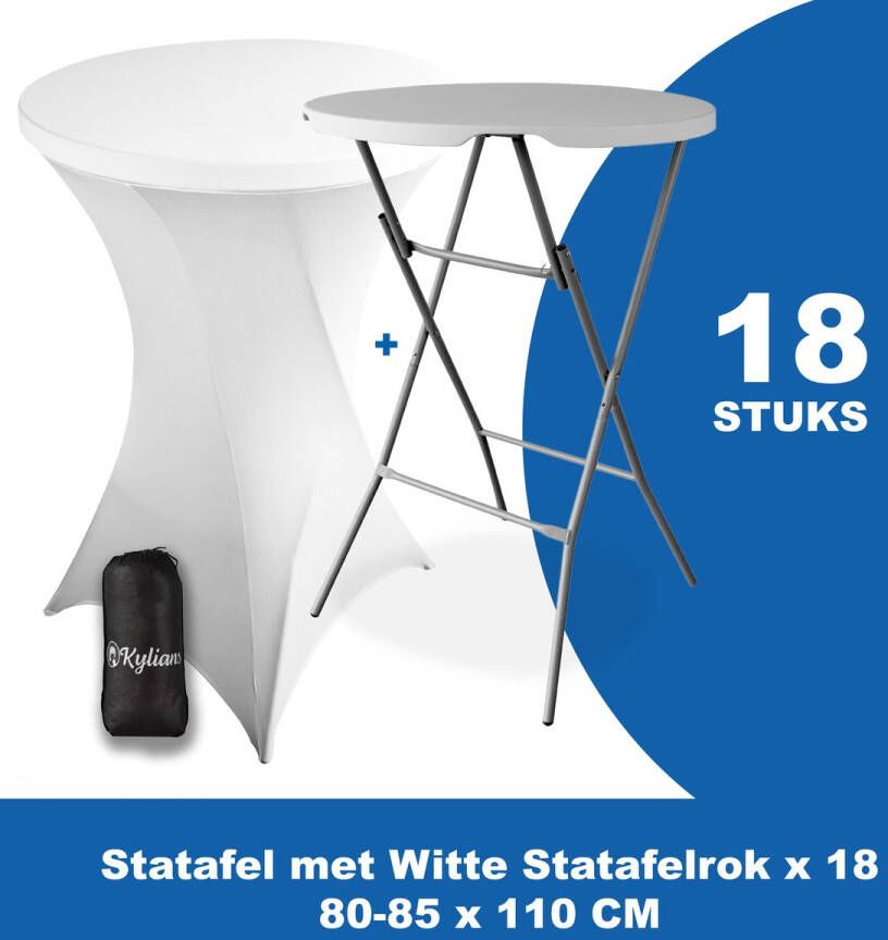 Kylians Statafel x 18 + Statafelrok Wit x 18 ∅ 80-85 x 110 cm – Statafels Inklapbaar – Robuust + Weerbestendige Cocktailtafel + Stretch Hoes Tafelrok – Makkelijk op te bergen Inklapbare Partytafel – Evenement en Feest Tafel