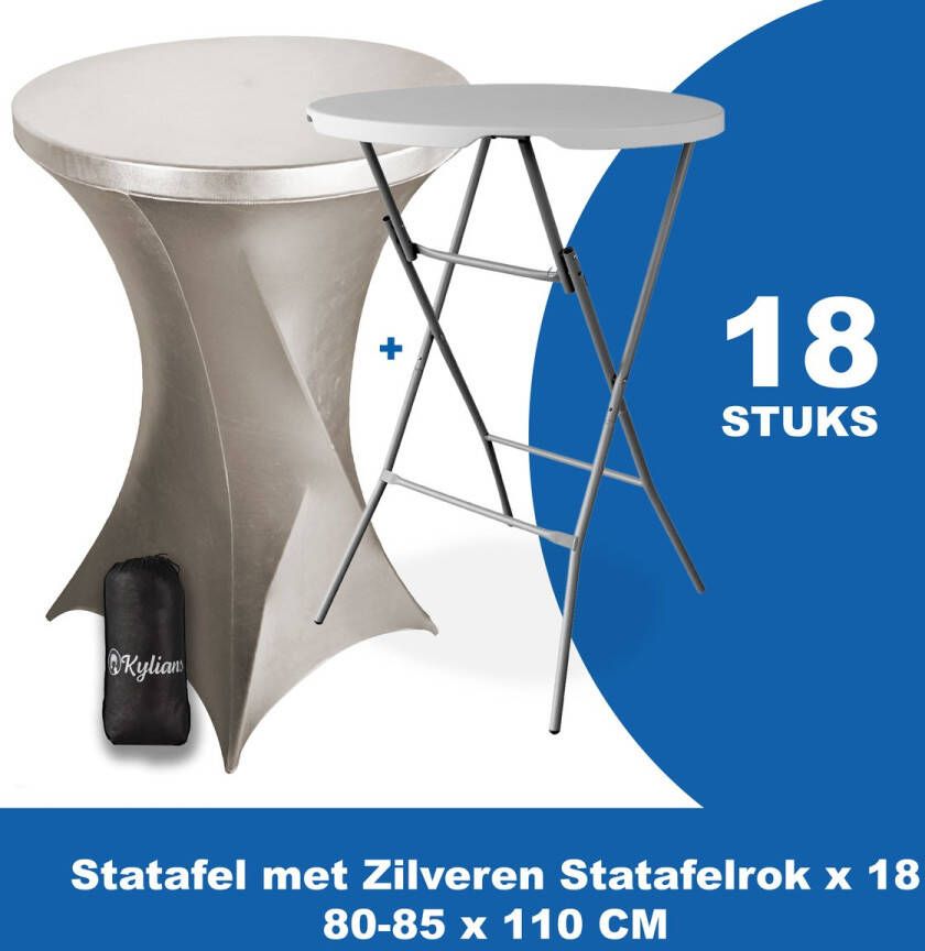 Kylians Statafel x 18 + Statafelrok Zilver x 18 ∅ 80-85 x 110 cm – Statafels Inklapbaar – Robuust + Weerbestendige Cocktailtafel + Stretch Hoes Tafelrok – Makkelijk op te bergen Inklapbare Partytafel – Evenement en Feest Tafel