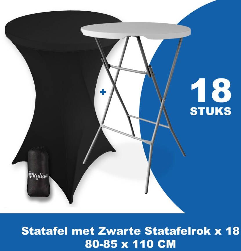 Kylians Statafel x 18 + Statafelrok Zwart x 18 ∅ 80-85 x 110 cm – Statafels Inklapbaar – Robuust + Weerbestendige Cocktailtafel + Stretch Hoes Tafelrok – Makkelijk op te bergen Inklapbare Partytafel – Evenement en Feest Tafel