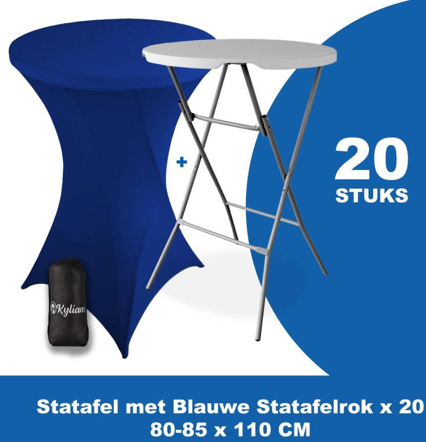 Kylians Statafel x 20 + Statafelrok Blauw x 20 ∅ 80-85 x 110 cm – Statafels Inklapbaar – Robuust + Weerbestendige Cocktailtafel + Stretch Hoes Tafelrok – Makkelijk op te bergen Inklapbare Partytafel – Evenement en Feest Tafel