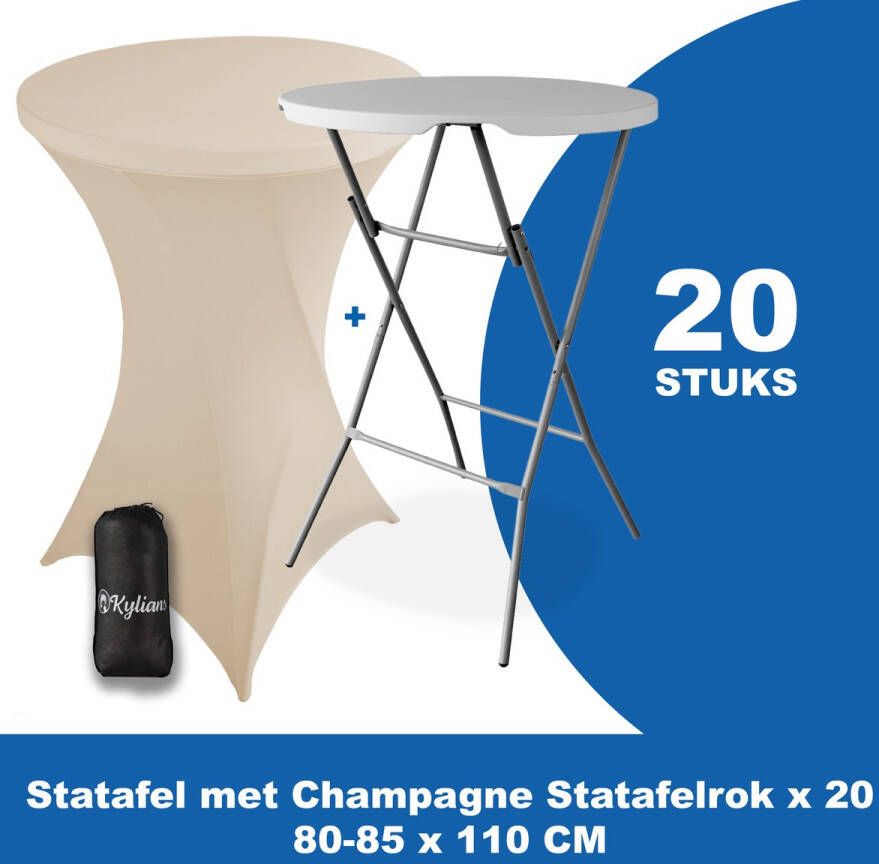 Kylians Statafel x 20 + Statafelrok Champagne x 20 ∅ 80-85 x 110 cm – Statafels Inklapbaar – Robuust + Weerbestendige Cocktailtafel + Stretch Hoes Tafelrok – Makkelijk op te bergen Inklapbare Partytafel – Evenement en Feest Tafel