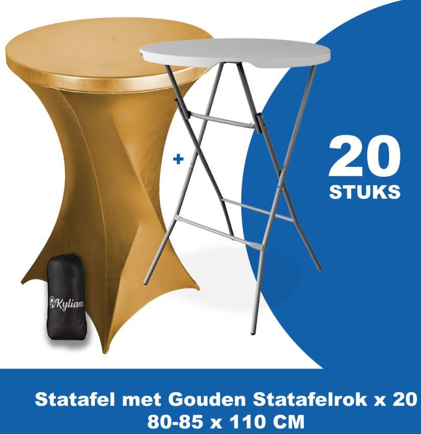 Kylians Statafel x 20 + Statafelrok Goud x 20 ∅ 80-85 x 110 cm – Statafels Inklapbaar – Robuust + Weerbestendige Cocktailtafel + Stretch Hoes Tafelrok – Makkelijk op te bergen Inklapbare Partytafel – Evenement en Feest Tafel