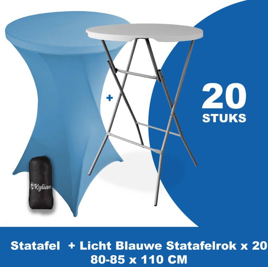 Kylians Statafel x 20 + Statafelrok Licht Blauw x 20 ∅ 80-85 x 110 cm – Statafels Inklapbaar – Robuust + Weerbestendige Cocktailtafel + Stretch Hoes Tafelrok – Makkelijk op te bergen Inklapbare Partytafel – Evenement en Feest Tafel