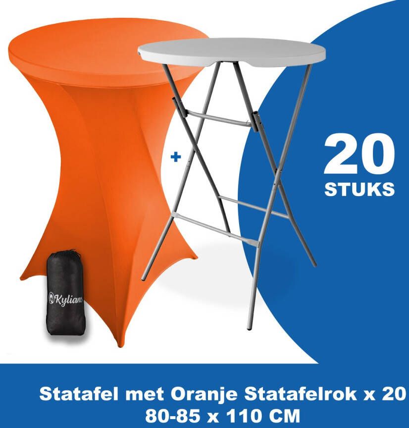 Kylians Statafel x 20 + Statafelrok Oranje x 20 ∅ 80-85 x 110 cm – Statafels Inklapbaar – Robuust + Weerbestendige Cocktailtafel + Stretch Hoes Tafelrok – Makkelijk op te bergen Inklapbare Partytafel – Evenement en Feest Tafel
