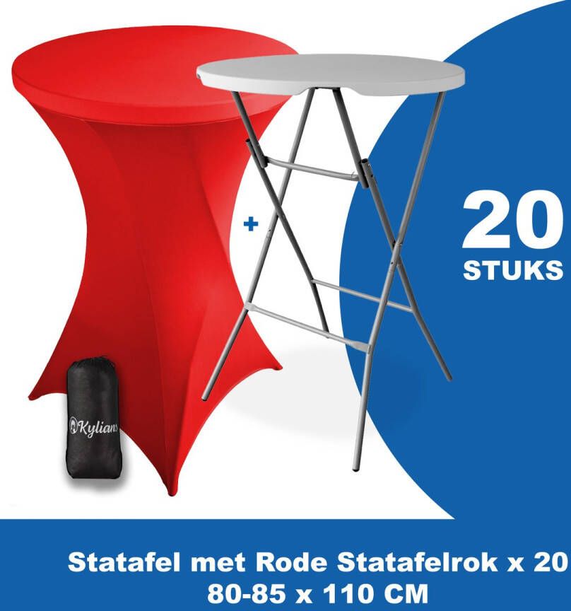 Kylians Statafel x 20 + Statafelrok Rood x 20 ∅ 80-85 x 110 cm – Statafels Inklapbaar – Robuust + Weerbestendige Cocktailtafel + Stretch Hoes Tafelrok – Makkelijk op te bergen Inklapbare Partytafel – Evenement en Feest Tafel