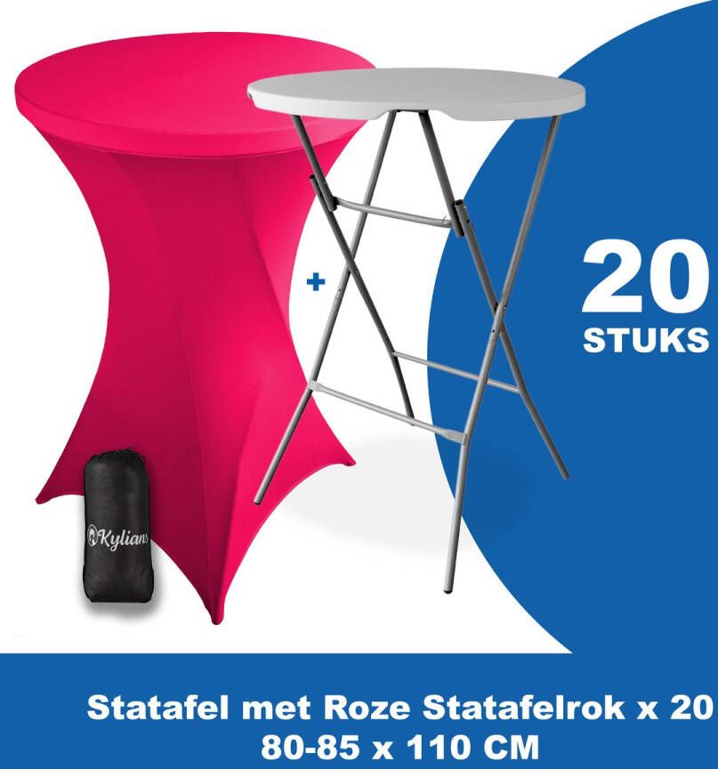 Kylians Statafel x 20 + Statafelrok Roze x 20 ∅ 80-85 x 110 cm – Statafels Inklapbaar – Robuust + Weerbestendige Cocktailtafel + Stretch Hoes Tafelrok – Makkelijk op te bergen Inklapbare Partytafel – Evenement en Feest Tafel