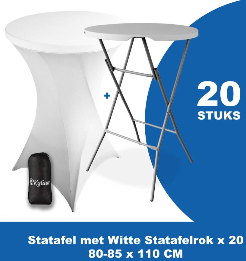Kylians Statafel x 20 + Statafelrok Wit x 20 ∅ 80-85 x 110 cm – Statafels Inklapbaar – Robuust + Weerbestendige Cocktailtafel + Stretch Hoes Tafelrok – Makkelijk op te bergen Inklapbare Partytafel – Evenement en Feest Tafel
