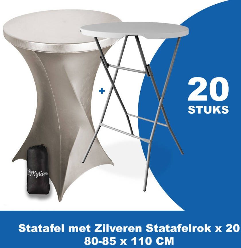 Kylians Statafel x 20 + Statafelrok Zilver x 20 ∅ 80-85 x 110 cm – Statafels Inklapbaar – Robuust + Weerbestendige Cocktailtafel + Stretch Hoes Tafelrok – Makkelijk op te bergen Inklapbare Partytafel – Evenement en Feest Tafel