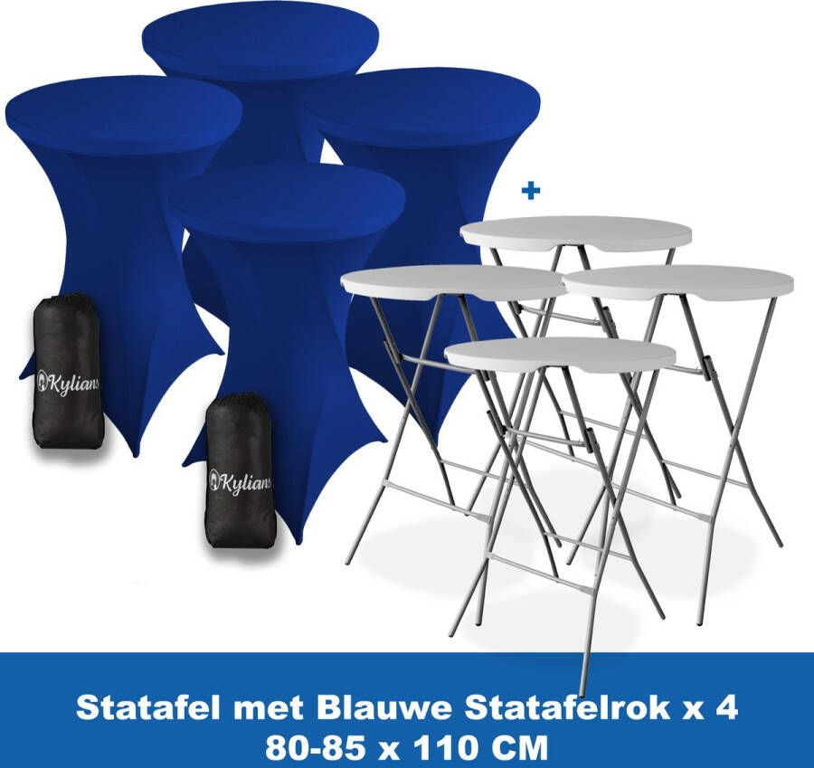 Kylians Statafel x 4 + Statafelrok Blauw x 4 ∅ 80-85 x 110 cm – Statafels Inklapbaar – Robuust + Weerbestendige Cocktailtafel + Stretch Hoes Tafelrok – Makkelijk op te bergen Inklapbare Partytafel – Evenement en Feest Tafel