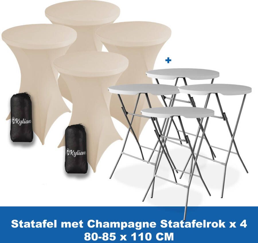 Kylians Statafel x 4 + Statafelrok Champagne x 4 ∅ 80-85 x 110 cm – Statafels Inklapbaar – Robuust + Weerbestendige Cocktailtafel + Stretch Hoes Tafelrok – Makkelijk op te bergen Inklapbare Partytafel – Evenement en Feest Tafel