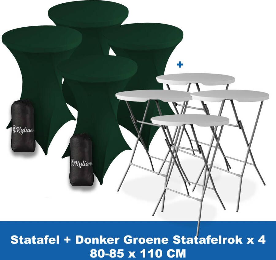 Kylians Statafel x 4 + Statafelrok Donker Groen x 4 ∅ 80-85 x 110 cm – Statafels Inklapbaar – Robuust + Weerbestendige Cocktailtafel + Stretch Hoes Tafelrok – Makkelijk op te bergen Inklapbare Partytafel – Evenement en Feest Tafel