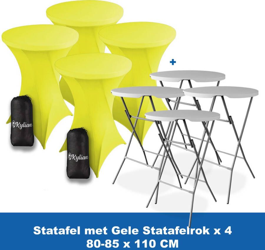 Kylians Statafel x 4 + Statafelrok Geel x 4 ∅ 80-85 x 110 cm – Statafels Inklapbaar – Robuust + Weerbestendige Cocktailtafel + Stretch Hoes Tafelrok – Makkelijk op te bergen Inklapbare Partytafel – Evenement en Feest Tafel