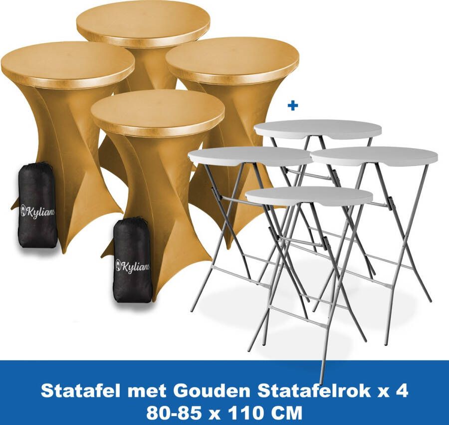 Kylians Statafel x 4 + Statafelrok Goud x 4 ∅ 80-85 x 110 cm – Statafels Inklapbaar – Robuust + Weerbestendige Cocktailtafel + Stretch Hoes Tafelrok – Makkelijk op te bergen Inklapbare Partytafel – Evenement en Feest Tafel