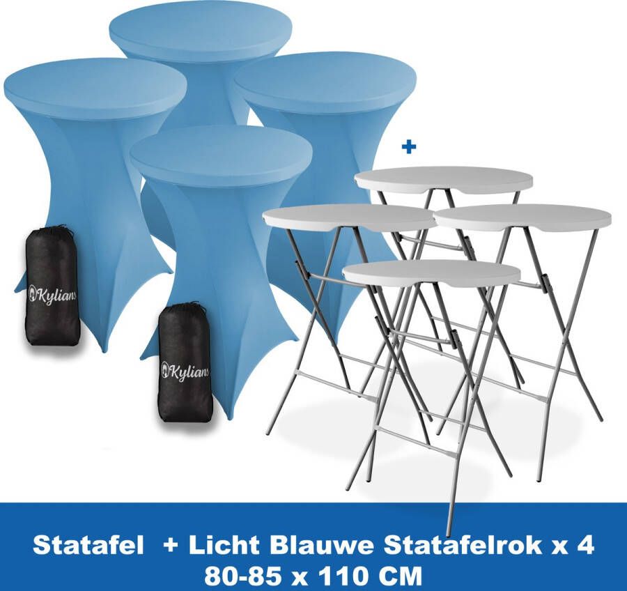 Kylians Statafel x 4 + Statafelrok Licht Blauw x 4 ∅ 80-85 x 110 cm – Statafels Inklapbaar – Robuust + Weerbestendige Cocktailtafel + Stretch Hoes Tafelrok – Makkelijk op te bergen Inklapbare Partytafel – Evenement en Feest Tafel