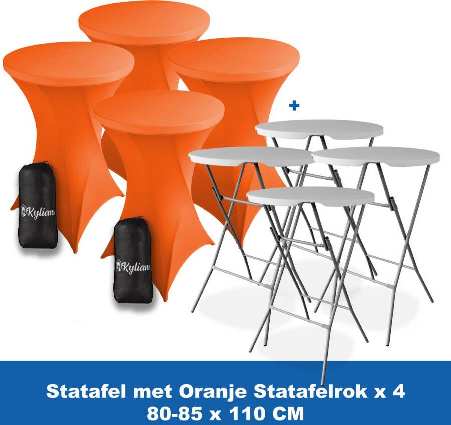 Kylians Statafel x 4 + Statafelrok Oranje x 4 ∅ 80-85 x 110 cm – Statafels Inklapbaar – Robuust + Weerbestendige Cocktailtafel + Stretch Hoes Tafelrok – Makkelijk op te bergen Inklapbare Partytafel – Evenement en Feest Tafel