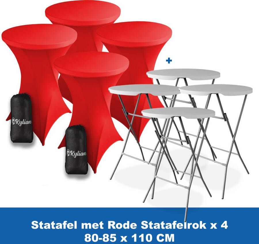 Kylians Statafel x 4 + Statafelrok Rood x 4 ∅ 80-85 x 110 cm – Statafels Inklapbaar – Robuust + Weerbestendige Cocktailtafel + Stretch Hoes Tafelrok – Makkelijk op te bergen Inklapbare Partytafel – Evenement en Feest Tafel