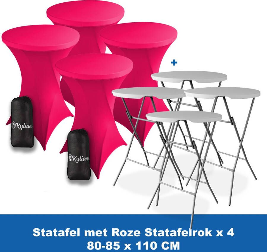 Kylians Statafel x 4 + Statafelrok Roze x 4 ∅ 80-85 x 110 cm – Statafels Inklapbaar – Robuust + Weerbestendige Cocktailtafel + Stretch Hoes Tafelrok – Makkelijk op te bergen Inklapbare Partytafel – Evenement en Feest Tafel