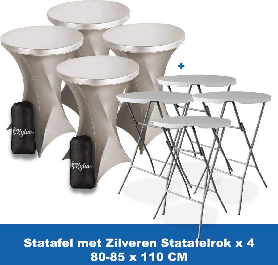 Kylians Statafel x 4 + Statafelrok Zilver x 4 ∅ 80-85 x 110 cm – Statafels Inklapbaar – Robuust + Weerbestendige Cocktailtafel + Stretch Hoes Tafelrok – Makkelijk op te bergen Inklapbare Partytafel – Evenement en Feest Tafel