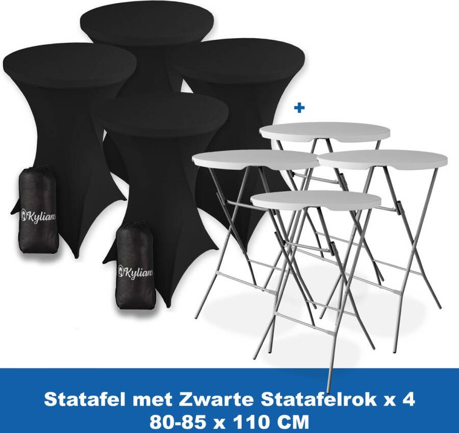 Kylians Statafel x 4 + Statafelrok Zwart x 4 ∅ 80-85 x 110 cm – Statafels Inklapbaar – Robuust + Weerbestendige Cocktailtafel + Stretch Hoes Tafelrok – Makkelijk op te bergen Inklapbare Partytafel – Evenement en Feest Tafel