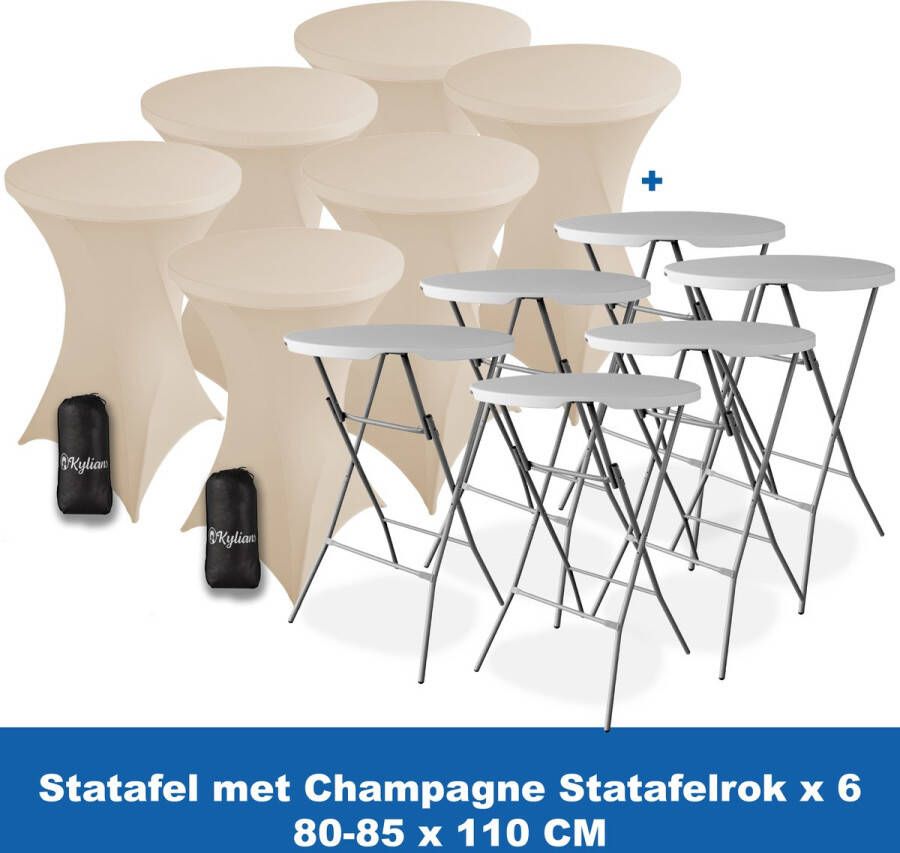 Kylians Statafel x 6 + Statafelrok Champagne x 6 ∅ 80-85 x 110 cm – Statafels Inklapbaar – Robuust + Weerbestendige Cocktailtafel + Stretch Hoes Tafelrok – Makkelijk op te bergen Inklapbare Partytafel – Evenement en Feest Tafel