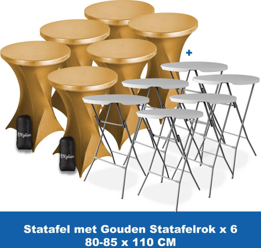 Kylians Statafel x 6 + Statafelrok Goud x 6 ∅ 80-85 x 110 cm – Statafels Inklapbaar – Robuust + Weerbestendige Cocktailtafel + Stretch Hoes Tafelrok – Makkelijk op te bergen Inklapbare Partytafel – Evenement en Feest Tafel