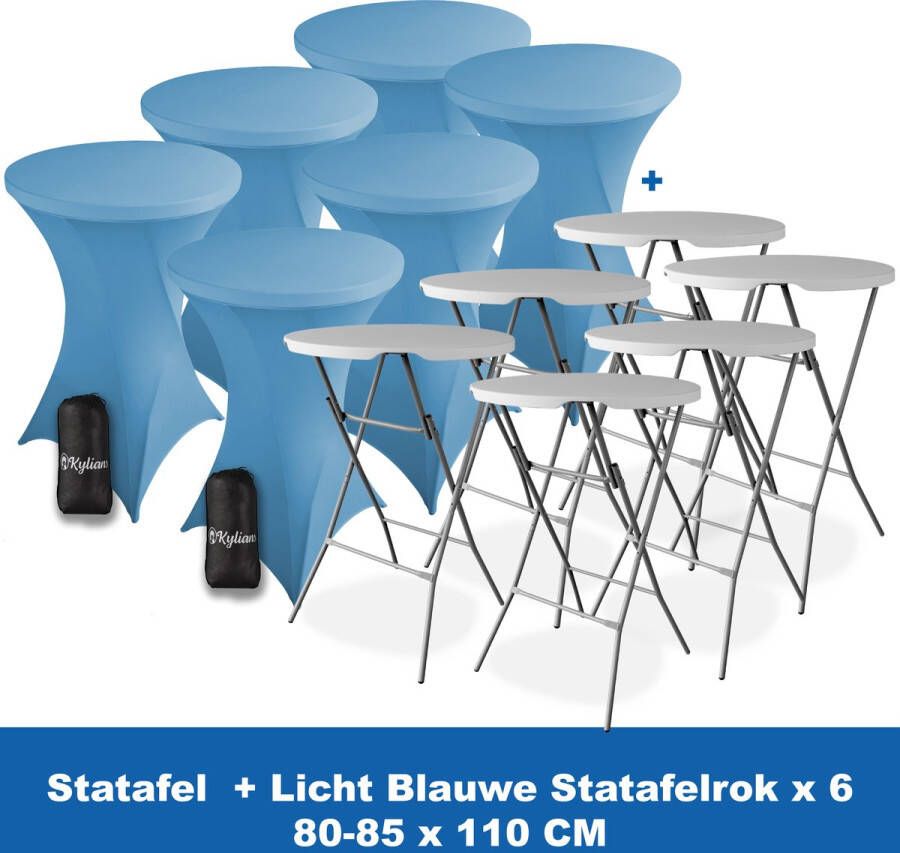 Kylians Statafel x 6 + Statafelrok Licht Blauw x 6 ∅ 80-85 x 110 cm – Statafels Inklapbaar – Robuust + Weerbestendige Cocktailtafel + Stretch Hoes Tafelrok – Makkelijk op te bergen Inklapbare Partytafel – Evenement en Feest Tafel