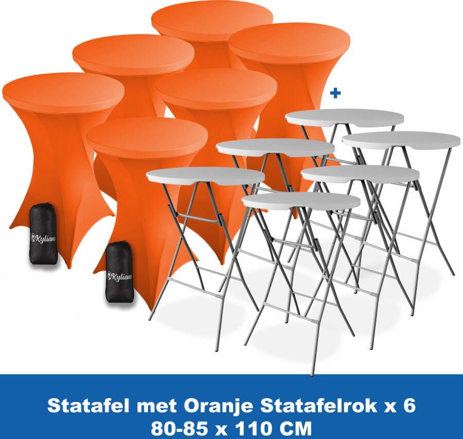 Kylians Statafel x 6 + Statafelrok Oranje x 6 ∅ 80-85 x 110 cm – Statafels Inklapbaar – Robuust + Weerbestendige Cocktailtafel + Stretch Hoes Tafelrok – Makkelijk op te bergen Inklapbare Partytafel – Evenement en Feest Tafel