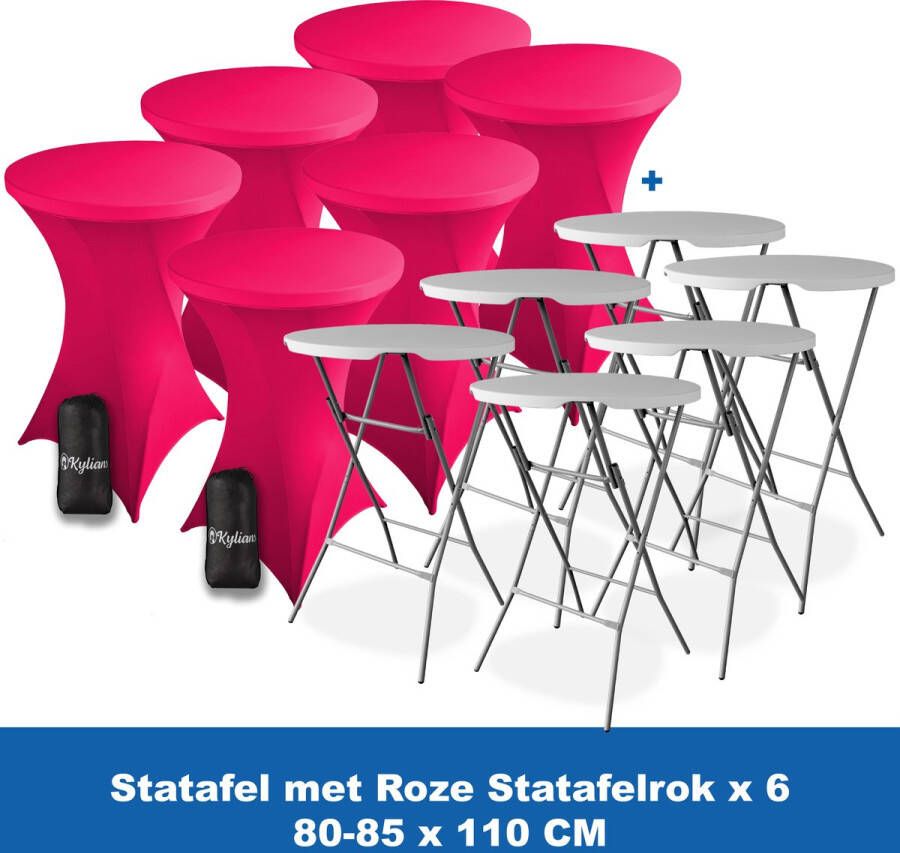 Kylians Statafel x 6 + Statafelrok Roze x 6 ∅ 80-85 x 110 cm – Statafels Inklapbaar – Robuust + Weerbestendige Cocktailtafel + Stretch Hoes Tafelrok – Makkelijk op te bergen Inklapbare Partytafel – Evenement en Feest Tafel