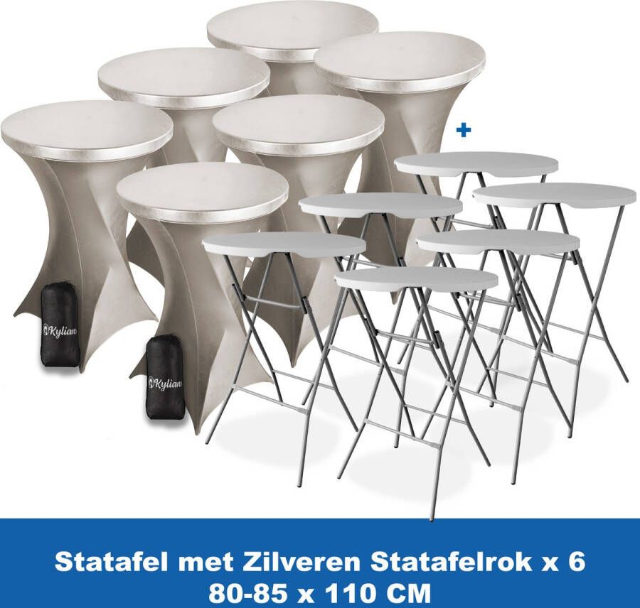 Kylians Statafel x 6 + Statafelrok Zilver x 6 ∅ 80-85 x 110 cm – Statafels Inklapbaar – Robuust + Weerbestendige Cocktailtafel + Stretch Hoes Tafelrok – Makkelijk op te bergen Inklapbare Partytafel – Evenement en Feest Tafel