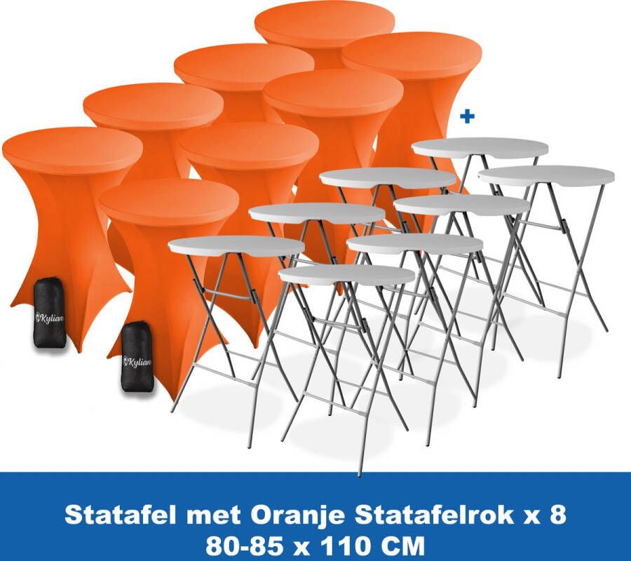 Kylians Statafel x 8 + Statafelrok Oranje x 8 ∅ 80-85 x 110 cm – Statafels Inklapbaar – Robuust + Weerbestendige Cocktailtafel + Stretch Hoes Tafelrok – Makkelijk op te bergen Inklapbare Partytafel – Evenement en Feest Tafel