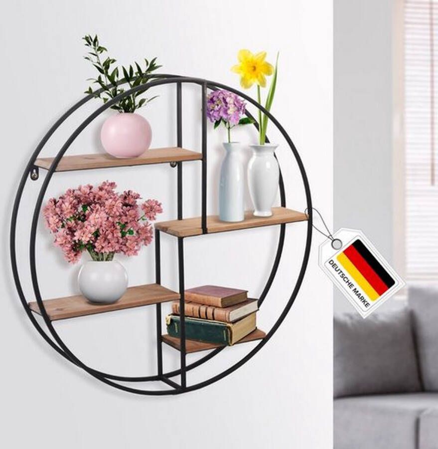 Kyto Zwart Metalen Industrieel wandrek met 4 houten plankjes Rond model 60cm diameter