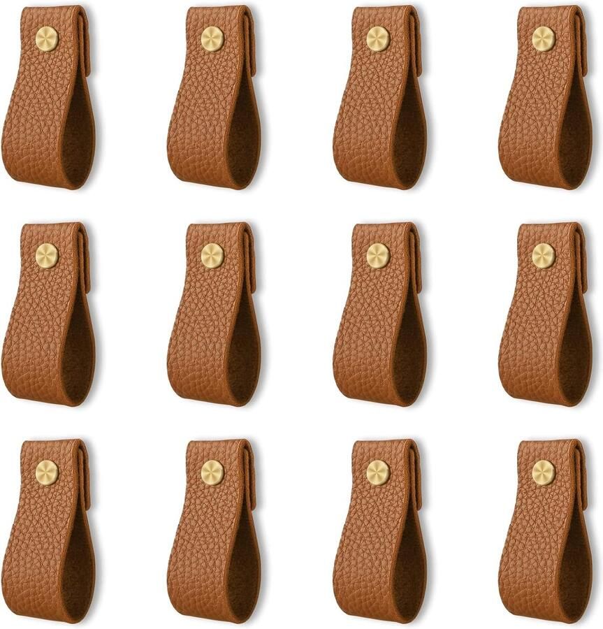 KZQ 12 stuks leren ladegrepen leren handgrepen leren grepen kastgrepen handgemaakte leren knoppen kastbeslag voor ladekasten ladedeuren en kasten bruin