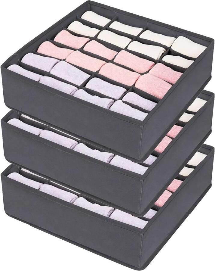 KZQ 3 Stuks opbergdoos opbergvak sokken ondergoed opbergvak lade met 24 vakken stoffen opvouwbare kast stoffen lade garderobekast voor het opbergen van sokken ondergoed dassen Donkergrijs