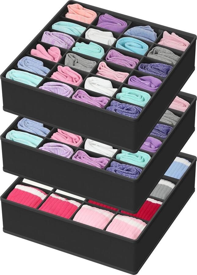 KZQ 3 Stuks opbergdoos Opbergvakken Sokken Ondergoed Opbergvak Lade met 24 vakken Stoffen opvouwbare kast Stoffen lade Garderobekast Voor sokken ondergoed stropdassen Zwart