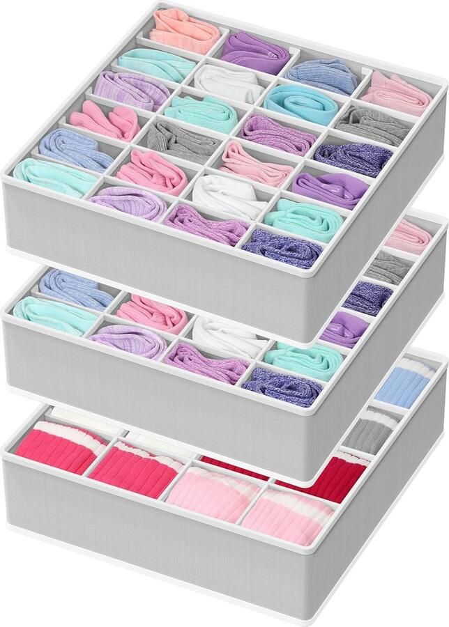 KZQ 3 Stuks opbergdoos Opbergvakken Sokken Ondergoed Opbergvak Lade met 24 vakken Stoffen opvouwbare kast Stoffen lade Garderobekast Voor sokken ondergoed stropdassen Grijs met witte randen
