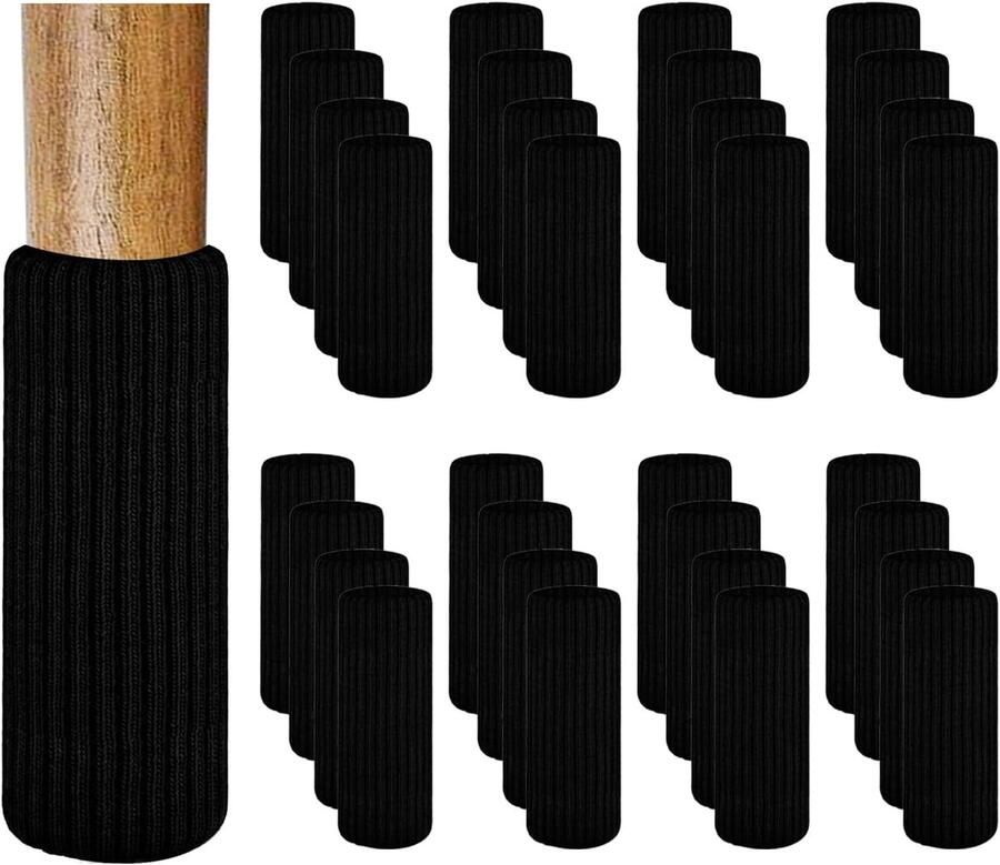 KZQ 32 stuks Tafel- en stoelvoetbeschermers Stoelpootbeschermers Meubelpootsokken Gebreide meubelsokken Dubbel verdikt Hoge rekbaarheid Geluiddempend Zwart