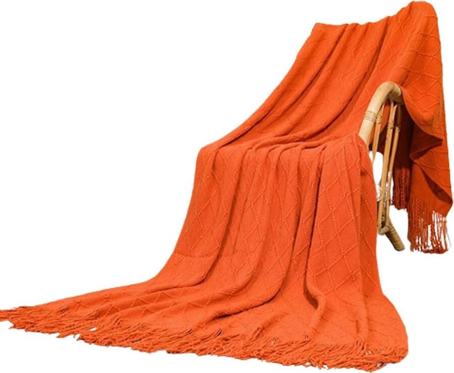KZQ Gebreide deken bankhoesdeken airconditioningdeken bankdeken voor buiten reisdeken 127*180CM kwastjes dunne deken zomerdeken geschikt voor bank bed slaapkamer kantoor oranje
