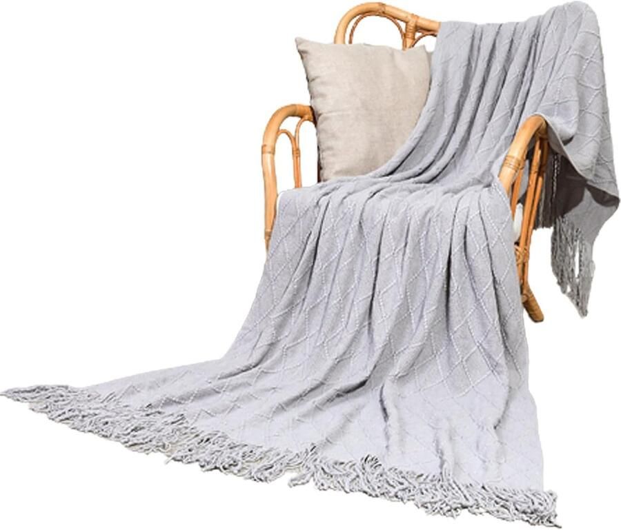 KZQ Gebreide deken bankhoesdeken airconditioningdeken bankdeken voor buiten reisdeken 127*180CM kwastjes dunne deken zomerdeken geschikt voor bank bed slaapkamer kantoor lichtgrijs