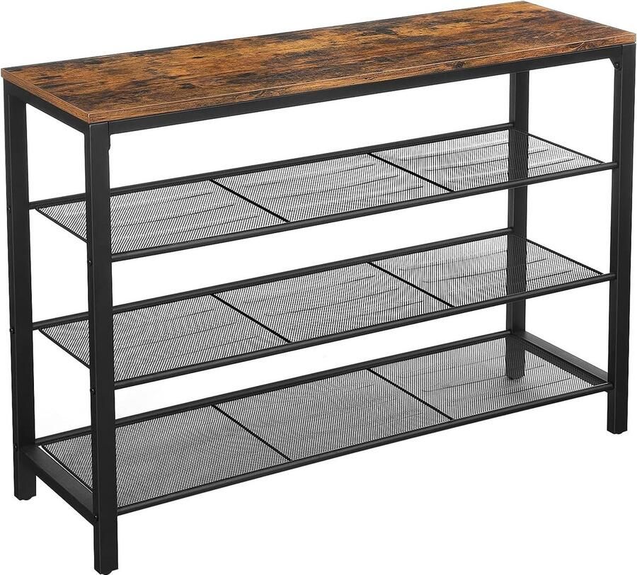 La Sheba VASAGLE Schoenenrek 100 x 30 x 72 cm schoen organisator met 3 strak gemaasde gaasplanken gang woonkamer slaapkamer eenvoudige constructie stal industriële stijl vintage bruin-zwart LBS14BX