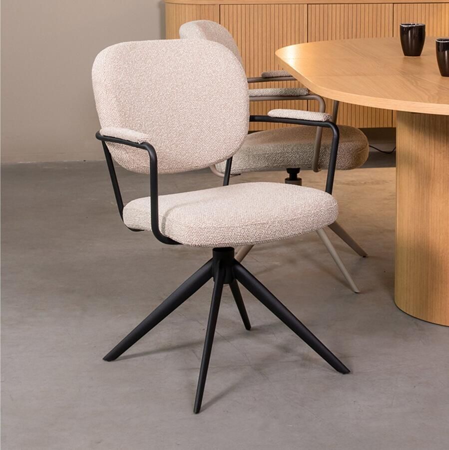 LABEL51 Basel Eetkamerstoel Naturel Stof Black Frame Stoel Normale eetkamerstoel Draaibaar Met Armleuning